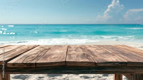 Tropical Beach Paradise: A rustic wooden table rests on a pristine sandy beach, overlooking a breathtaking turquoise ocean under a clear blue sky with scattered clouds. Perfect for summer holidays.
