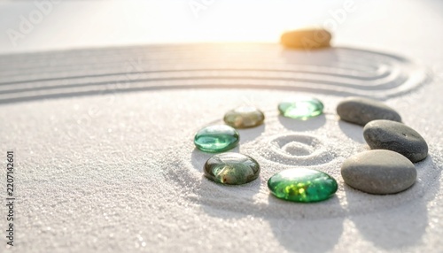 Zen garden with smooth pebbles and polished glass stones in raked sand