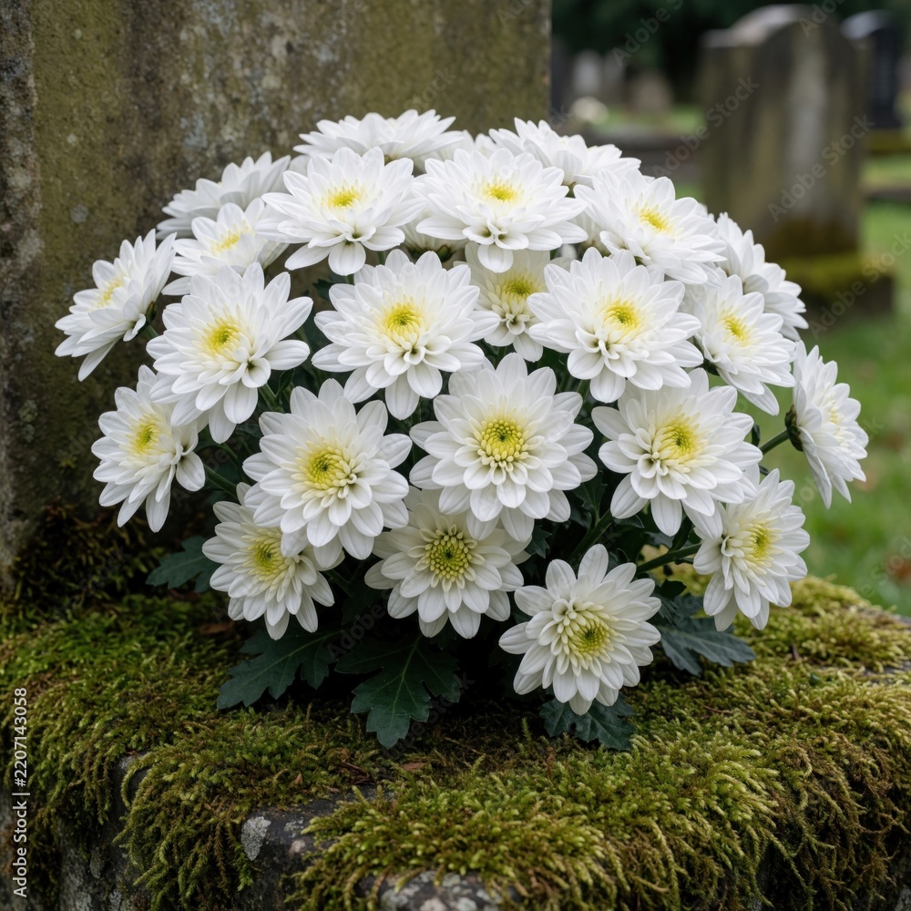 Obraz premium White chrysanthemum flowers grow on mossy stone in old cemetery. Fresh blooms rest on grave monument near tombstone. Memorial flowers symbolize remembrance, peace, mourning at burial ground. Autumn