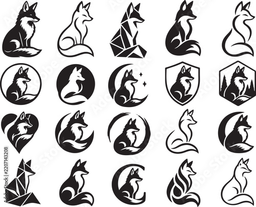 Modern Fox Logo Collection Set with Minimal Black and White Wildlife Mascot Designs