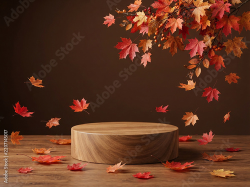 Empty round wooden pedestal with falling red and orange maple leaves for product display