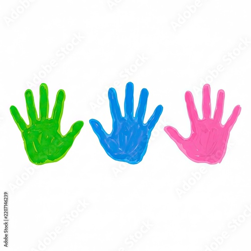 Three colorful handprints are displayed in a row on a white background.