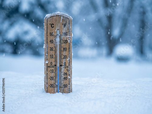 Outdoor thermometer showing sub zero temperatures in deep winter snow