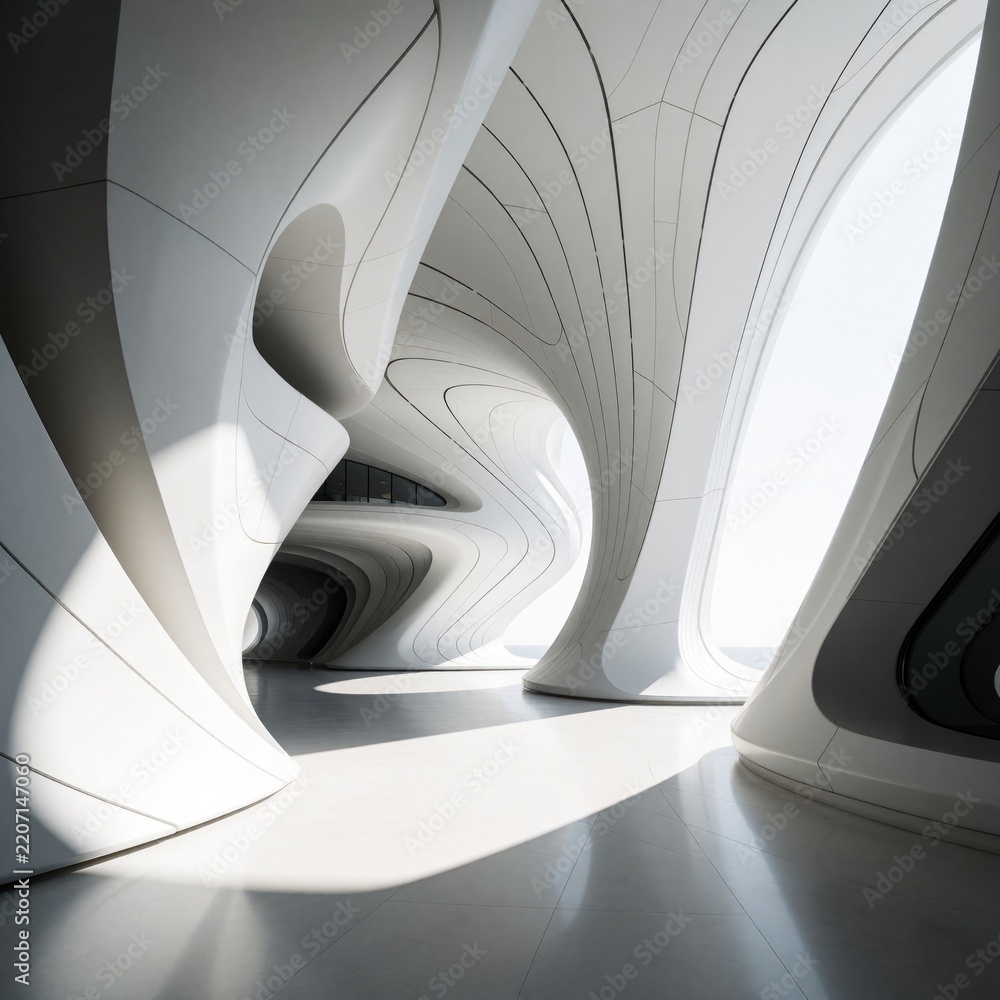 Fototapeta premium Abstract futuristic architecture background with white organic shapes, curved lines. Modern 3D design features smooth wavy walls, bright sunlight in empty space. Minimalist building interior shows