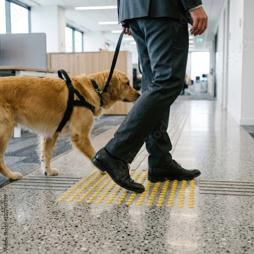 A guide dog walks alongside its handler in an office hallway.
