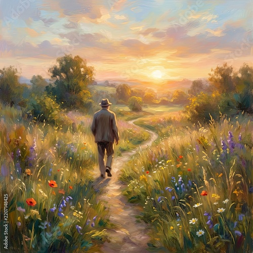 A solitary figure walks along a winding path through a sun-drenched meadow at sunset.