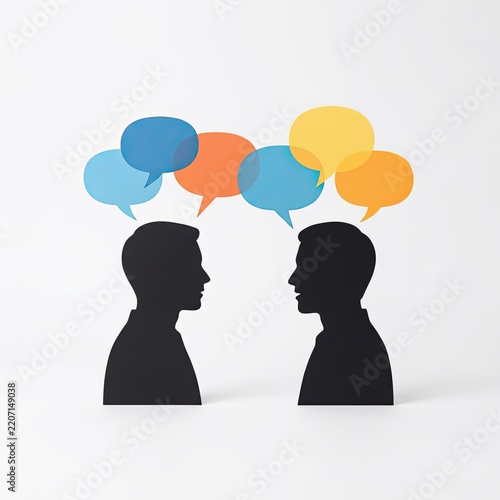 Two silhouetted figures engaged in conversation with colorful speech bubbles above them.