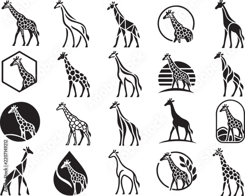 Minimal Giraffe Silhouette Illustration with Wildlife Animal Shapes on Dark Background