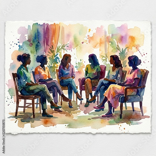 A watercolor painting depicts a diverse group of women sitting in a circle, engaged in conversation.