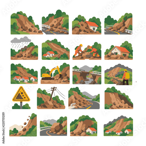 Landslide and Mudslide Natural Disaster Emergency Vector Illustration Set