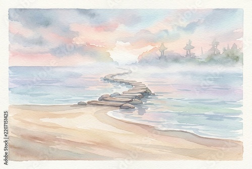A serene watercolor painting depicts a stone pathway winding over calm water towards a misty island.