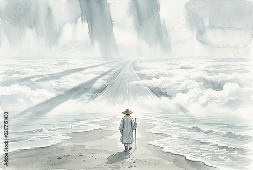 A lone traveler walks along a misty beach towards a road vanishing into the clouds.