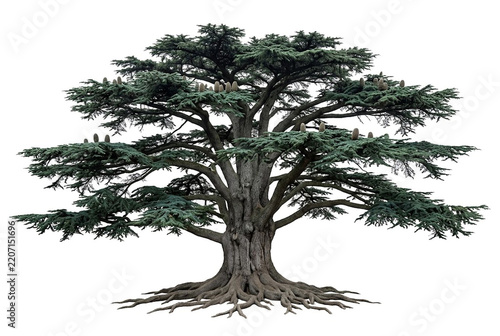 Ultra-realistic mature Cedar of Lebanon (Cedrus libani), majestic ancient evergreen conifer with an enormous broad spreading crown, thick horizontal layered branches