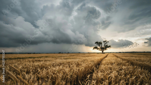 Dramatic storm clouds approaching a golden wheat field with a solitary tree under an overcast sky at dusk