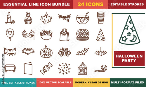 Halloween party symbols icon set with editable stroke for festive celebrations and decorations
