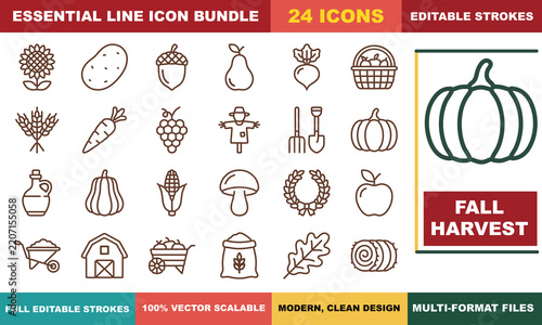 Harvest season editable stroke icon set for agricultural and seasonal design projects