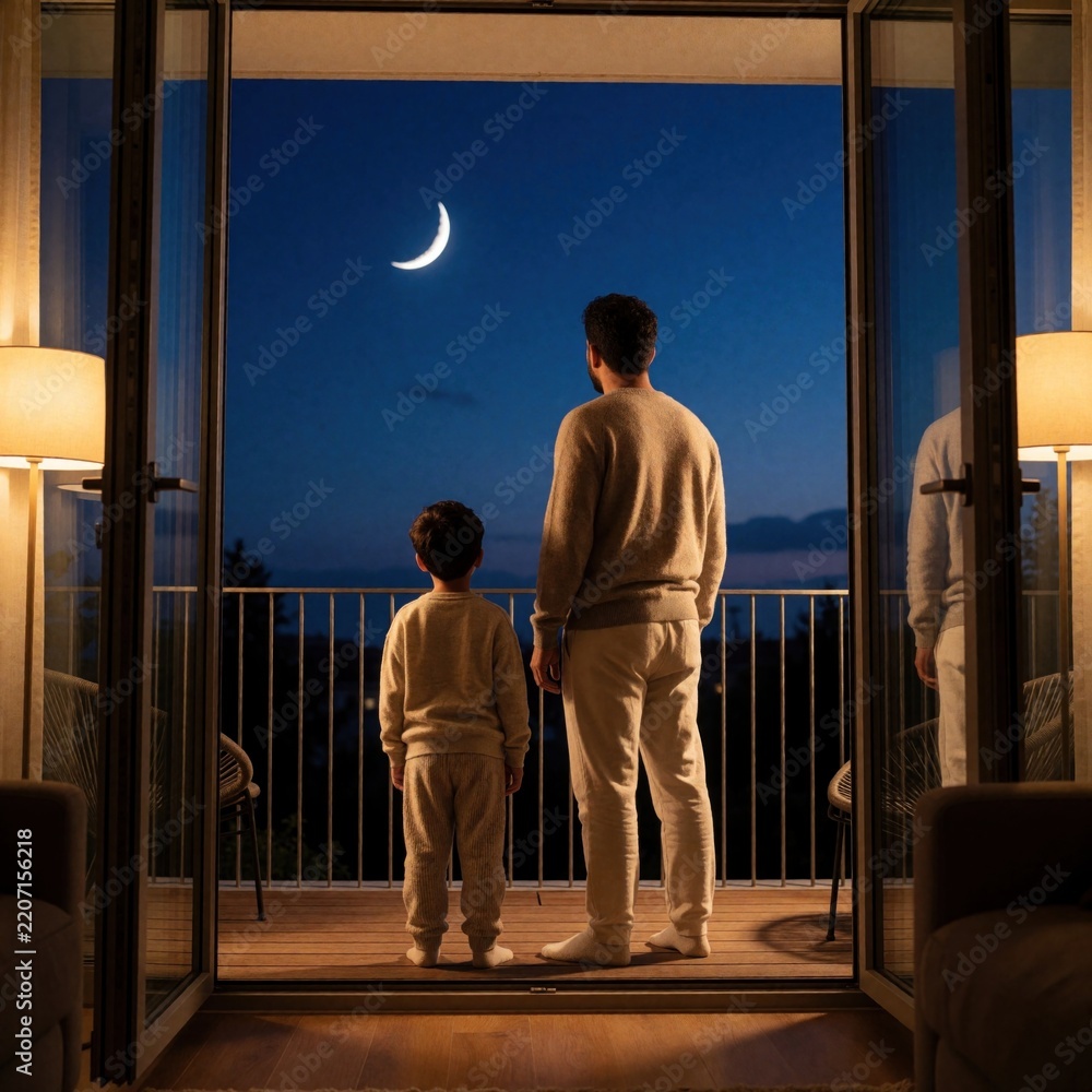 Obraz premium Father, young son stand on modern apartment balcony at night. Watch crescent moon in dark blue twilight sky. Family looks at moon from home terrace for Islamic Hijri New Year celebration. Back view
