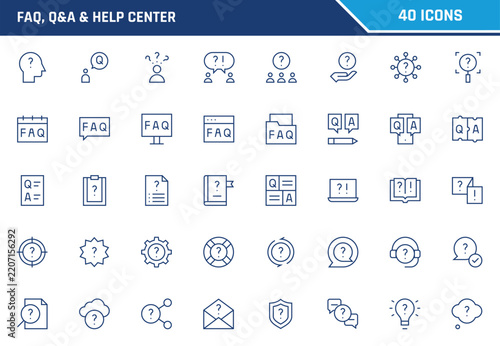 Comprehensive set of blue vector icons featuring frequently asked questions and answers and help center themes