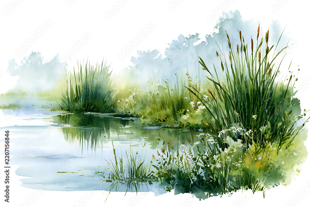 Fototapeta premium Watercolor painting of a serene pond with cattails and lush green reeds isolated on transparent background