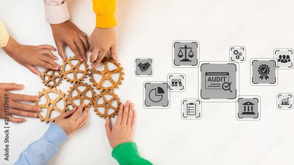 Obraz premium Collaboration in Business Management with Hands Arranging Gears and Icons Representing Audit, Analysis, and Teamwork on a White Background Gluon.