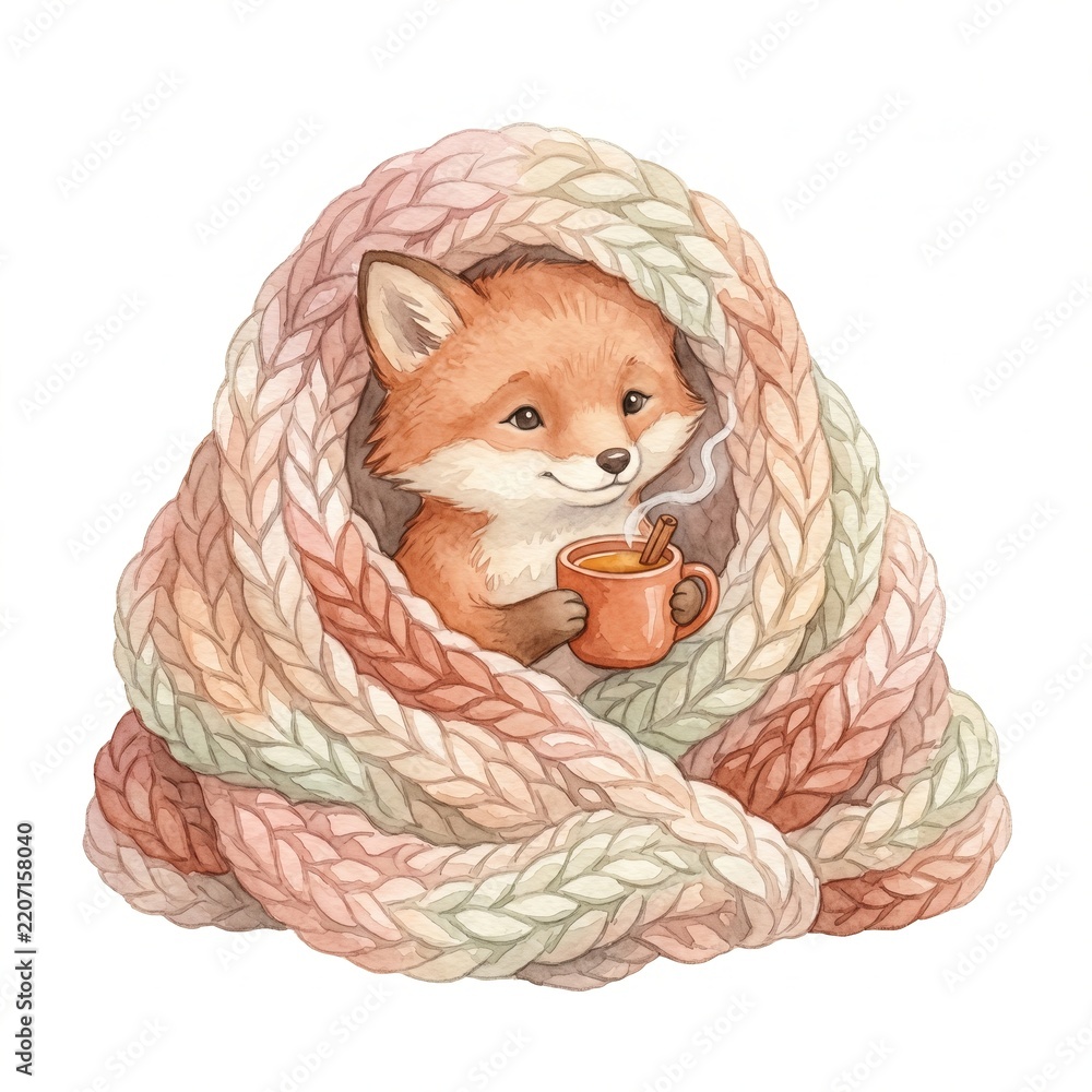 Fototapeta premium Cute watercolor fox wrapped knitted blanket drinking hot cinnamon beverage autumn woodland wildlife cozy