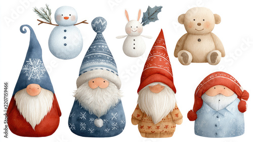 Watercolor illustration depicting an adorable group of snowmen, a rabbit, a penguin, and a gnome wearing cozy winter attire, ready for holiday festivities