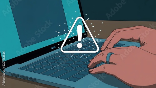 Cybersecurity alert concept illustration with hands typing on laptop and warning sign icon for system failure, threat, or data breach