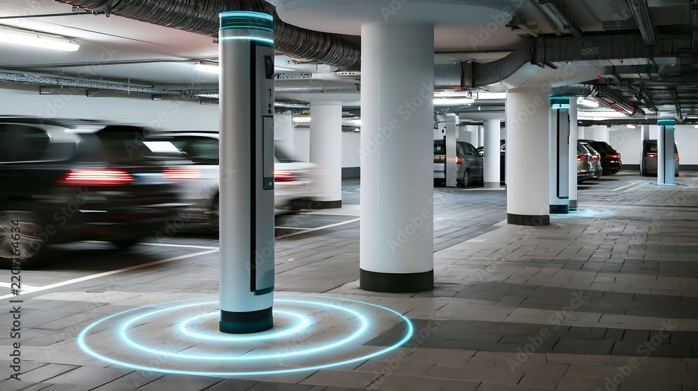 Obraz premium Modern smart parking system with glowing sensors and motion blurred cars in an underground garage