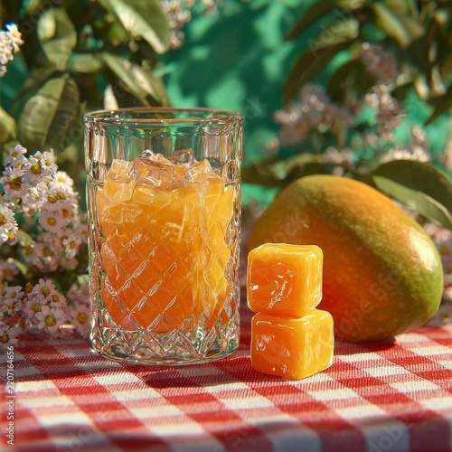 Fresh mango juice with diced fruit cubes on red checkered picnic blanket outdoors