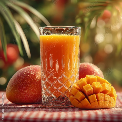 Fresh mango juice in glass with diced fruit and tropical picnic setting in warm sunlight