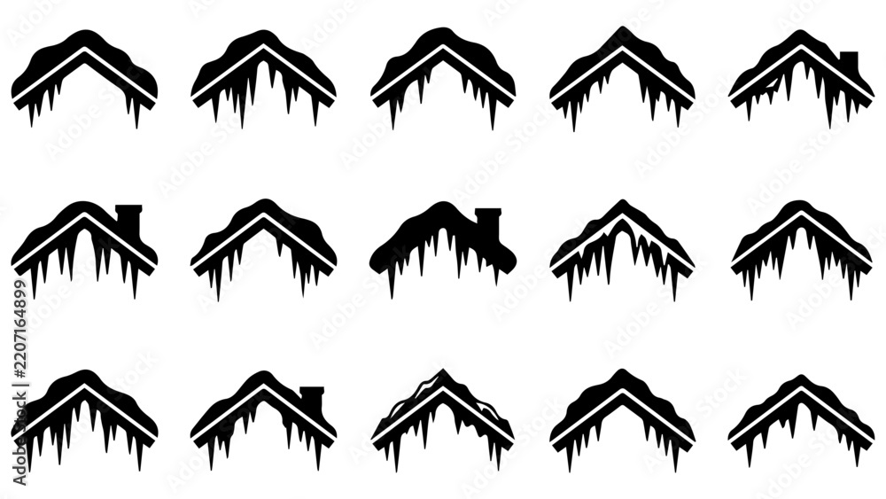 Fototapeta premium Set of black house roof icons covered with snow and hanging icicles for winter season design