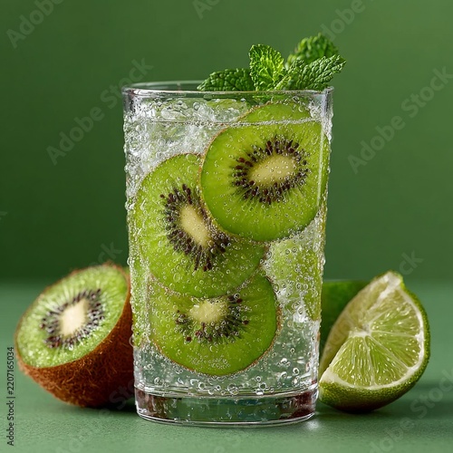 Refreshing kiwi and lime drink in chilled glass with condensation on vibrant green background