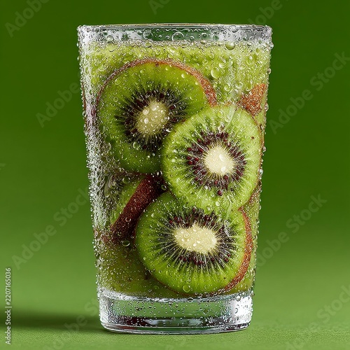 Fresh kiwi slices in cold glass with condensation on vibrant green background