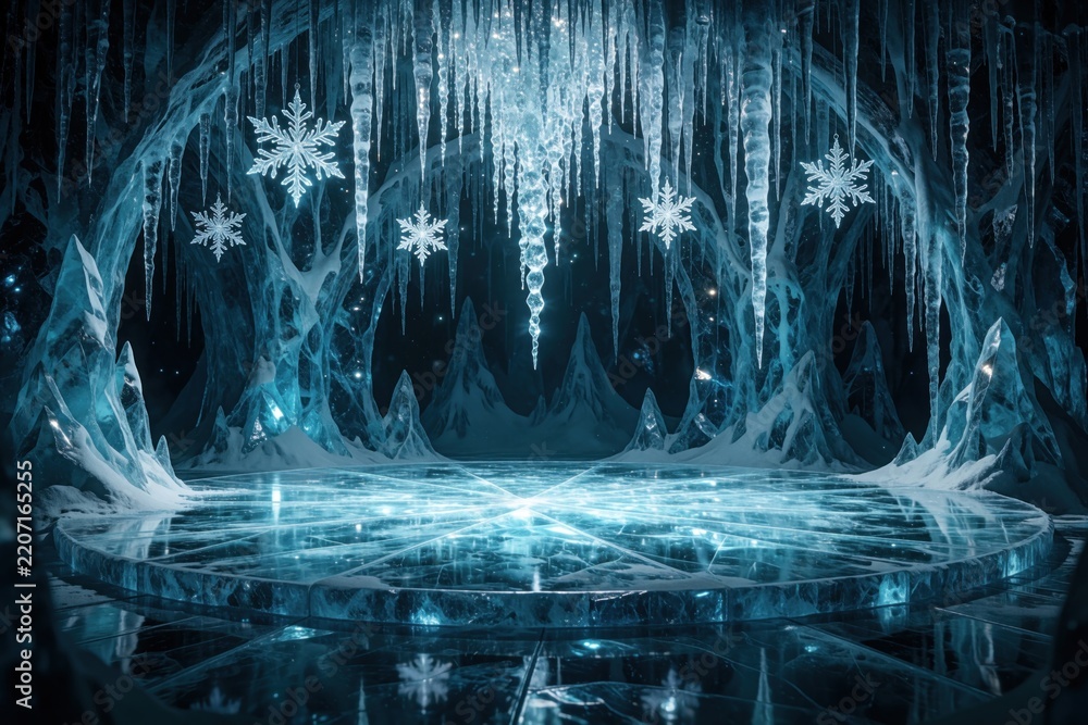 Obraz premium Empty stage in enchanted ice palace with crystal floor. Shimmering icicles hang from ceiling in blue frozen hall. Fantasy winter background with snowflakes, magical glow. Cold arctic castle interior