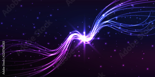 Abstract Glowing Energy Waves with Purple and Blue Light Trails on a Dark Cosmic Background