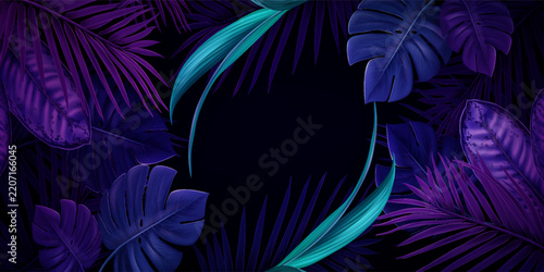 Dark Tropical Leaf Frame with Vibrant Purple and Blue Foliage, Exotic Botanical Leaves on a Dark Background with Colorful Accents, Luxury Tropical Foliage Border with Neon Purple and Turquoise Leaves