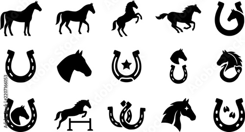 Horse & Horseshoe Silhouette Icon Set. Collection of nature & wildlife silhouettes, including horse & horseshoe, detailed farm animal shapes, and more.