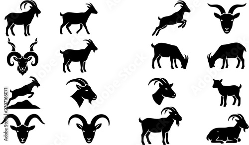 Goat & Goat Horn Silhouette Icon Set. Collection of nature & wildlife silhouettes, including goat & goat horn, detailed farm animal shapes, and more.