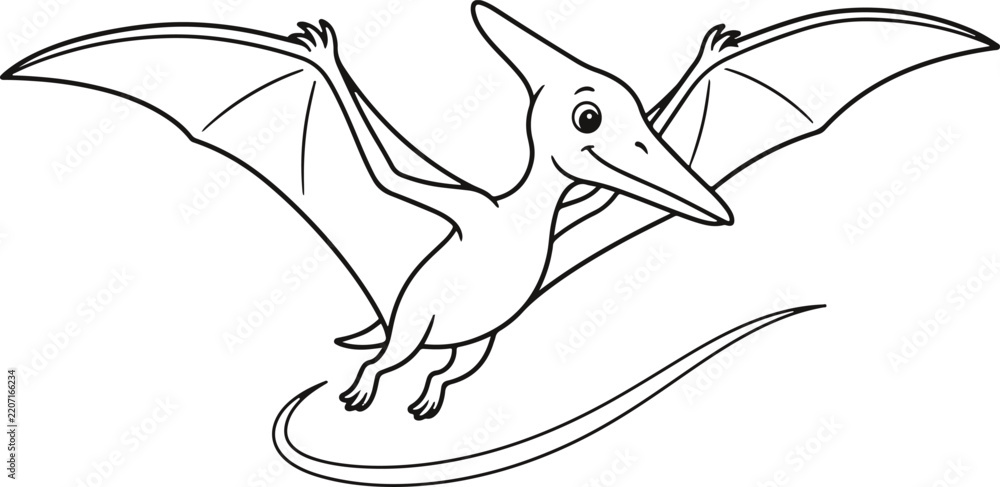 Obraz premium A cute flying pterodactyl dinosaur character for children to enjoy as a fun black and white coloring page for creative artistic educational activity time