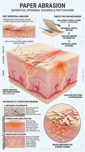 Detailed medical infographic illustrating paper abrasion mechanisms and epidermal skin layer damage with clear textual annotations and 3D diagrams