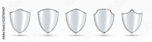 Set of transparent glass shields. Security and protection symbols in different shapes. Vector illustration.