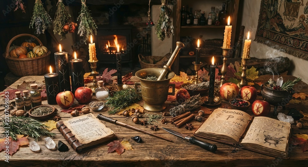Fototapeta premium Samhain Celebration with Herbs, Candles, and Traditional Ingredients