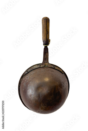 Vintage copper ladle with wooden handle and transparent background