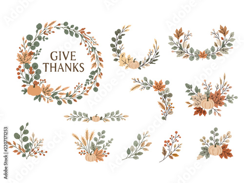 Collection of hand drawn autumn botanical arrangements featuring pumpkins, maple leaves, berries, branches, wheat, wreaths, and the Give Thanks message in a warm muted fall color palette.