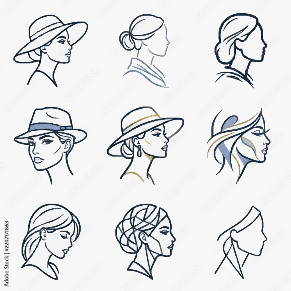 Fototapeta premium Clean Black and White Line Drawing Illustrations of Women with Various Hairstyles and Hats for Fashion Design or Art Projects