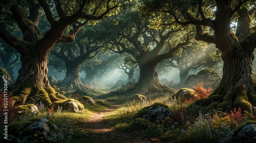 Obraz premium Mystical forest with ancient giant trees, narrow dirt path. Sunbeams shine through green foliage, fog. Mossy rocks, colorful wild flowers grow along woodland trail. Magical enchanted landscape offers