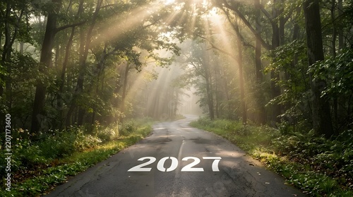 Road leading through a forest with sun rays, 2027 concept