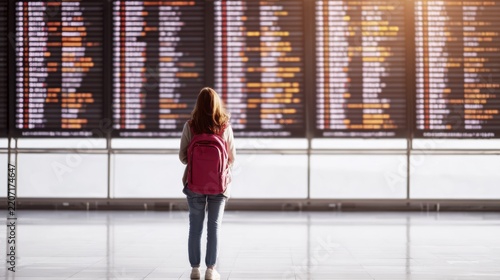 Traveler viewing airport departure board with backlit display of flights