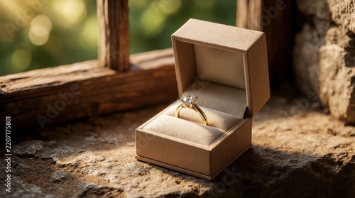 Elegant gold ring with diamond in beige gift box on stone ledge. Jewelry sits near wooden window frame in warm sunlight. Luxury wedding accessory shines in bright natural light. Romantic proposal
