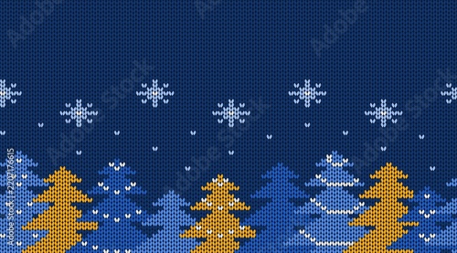 Winter knitted seamless border. Snowflakes and christmas trees on blue background
